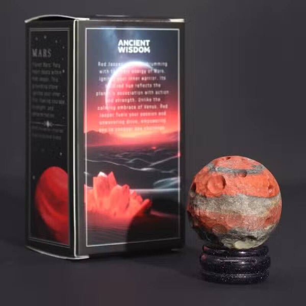 Mars Planet aus Rotem Jaspis auf Goldfluss-Ständer