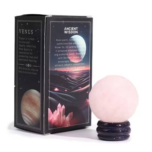 Rosenquarz-Planet Venus auf Goldfluss-Ständer