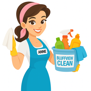 Bluffview Cleaning cartoon mascot smiling and holding cleaning tools, reflecting friendly and reliable service.