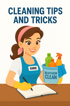 Bluffview Cleaning mascot smiling, representing cleaning tips and tricks from Anne at Bluffview Cleaning Service