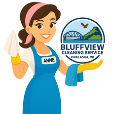 Cheerful cartoon mascot holding the Bluffview Cleaning logo, symbolizing brand pride and quality service.