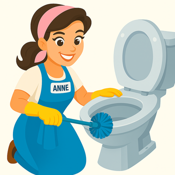 Bluffview Cleaning mascot scrubbing a toilet, accompanying blog ‘The Cleanest Seat in the House: Toilet Cleaning Tips.