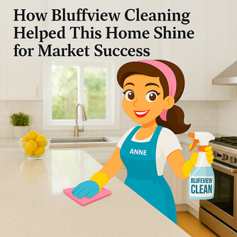 Illustration of Anne from Bluffview Cleaning Service cleaning a bright kitchen with a "Bluffview Clean" spray bottle, highlighting professional home cleaning for market-ready homes.