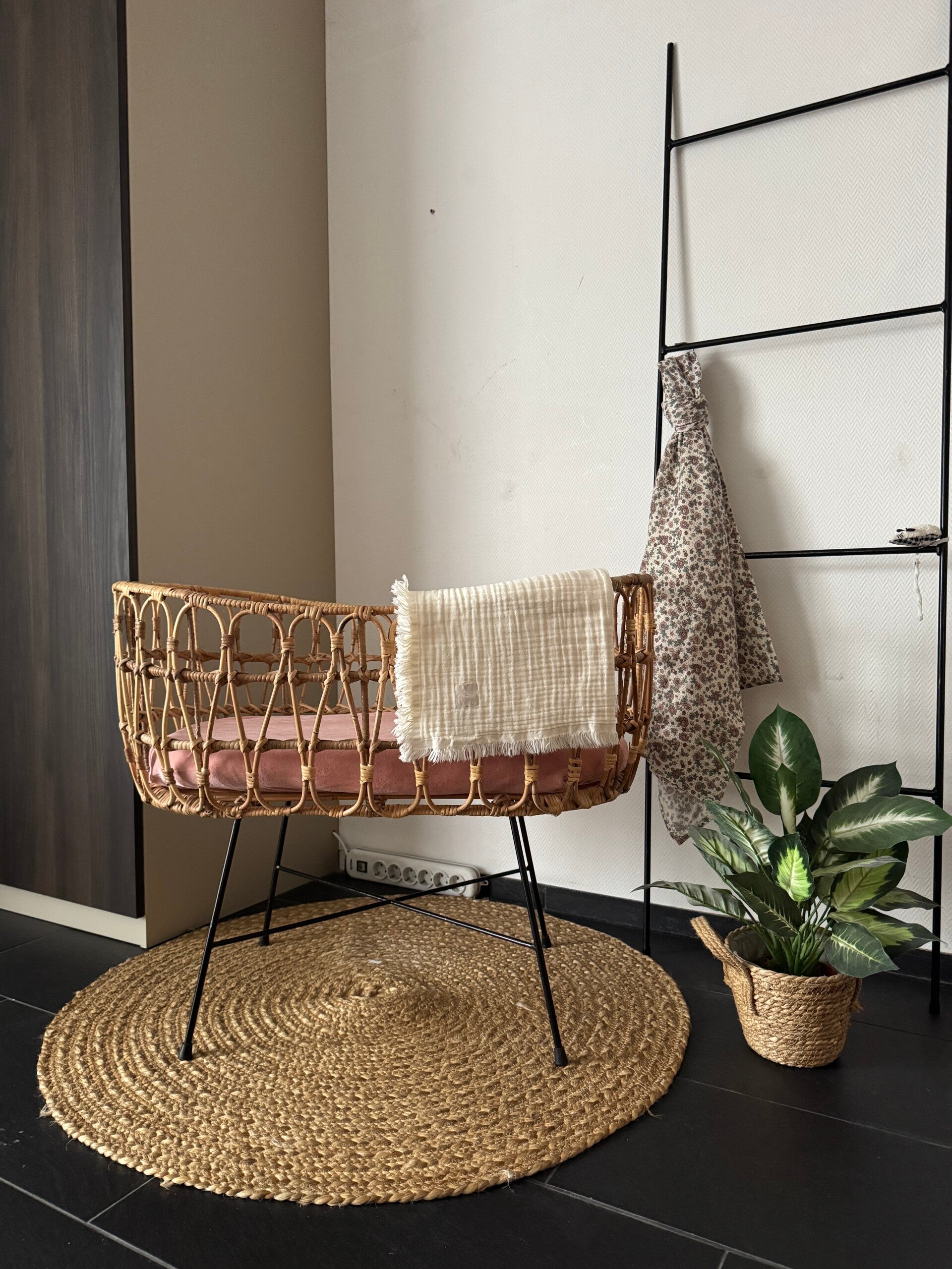 Rotan wieg op zwart ijzeren poten