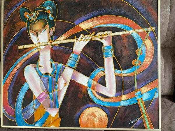 Schilderij in abstracte stijl met messing lijst.