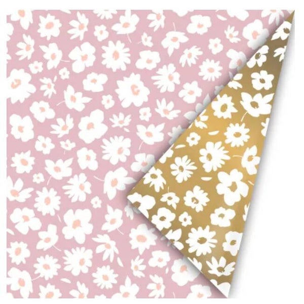 Kadopapier dubbelzijdig bloemen Roze, Goud | 50x300cm