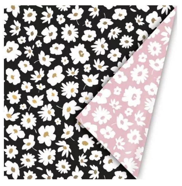 Kadopapier dubbelzijdig bloemen Zwart Roze | 50x300cm