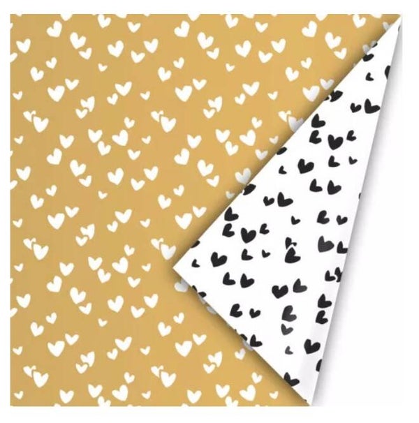Kadopapier dubbelzijdig Hartjes Goud, Wit, Zwart | 50x300cm