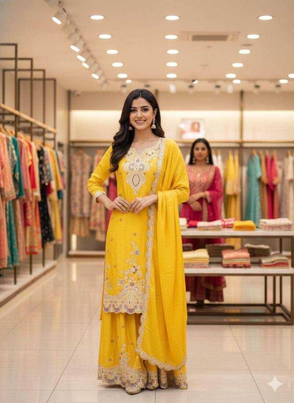 Chinon Suit Palazzo Punjabi Yellow Salwar Suit