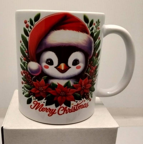 11oz Ceramic Mug with Black Handle (Cute Penguin)  Image both sides