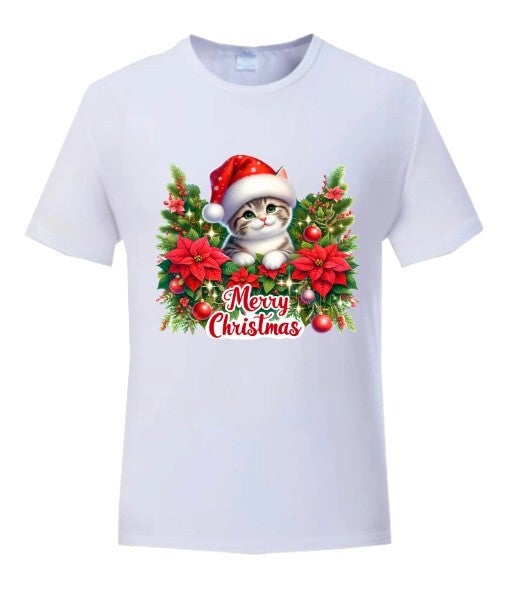 Qute Christmas Cat 100% PolyesterTshirt  (all sizes available)