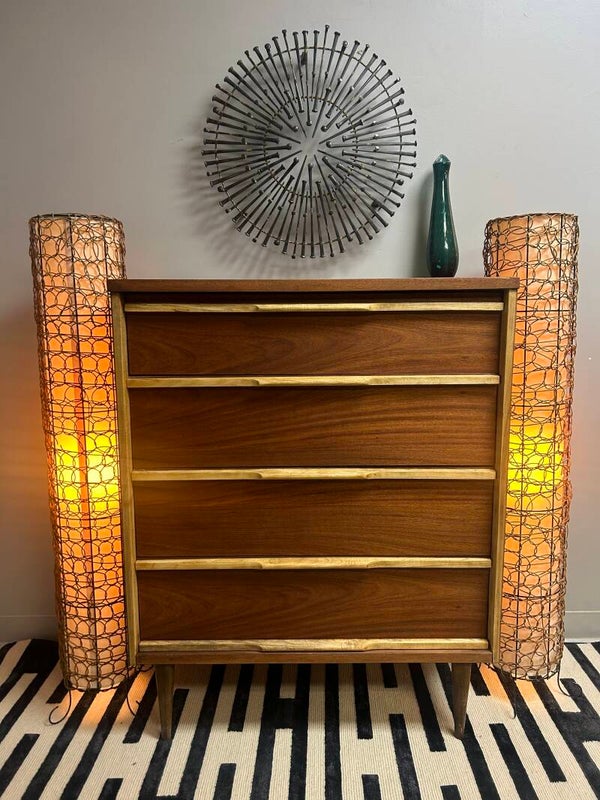 midcentury 4 drawer walnut tall dresser with oak drawer pulls