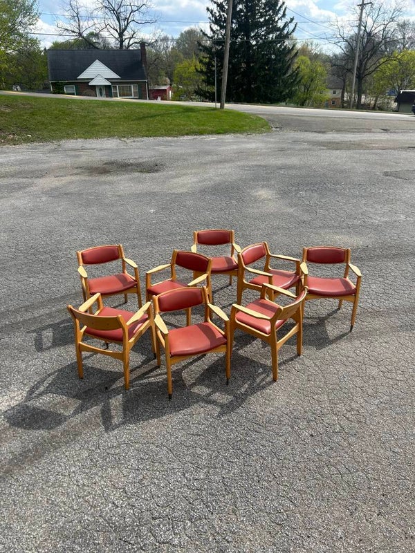set of 8 mid century chairs with red leather seats
