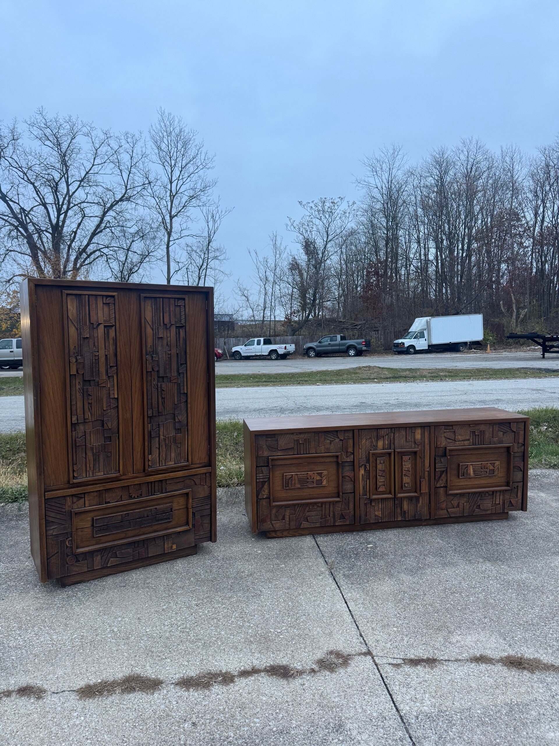 Mcm Lane Pueblo Brutalist Armoire and Long Dresser