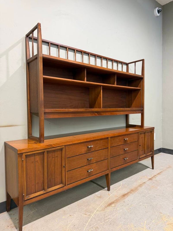 Mcm lane tuxedo walnut credenza with china hutch bookshelf