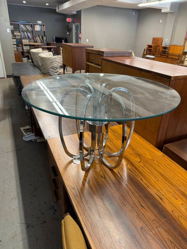 Mcm chrome barrel shape end table with glass top