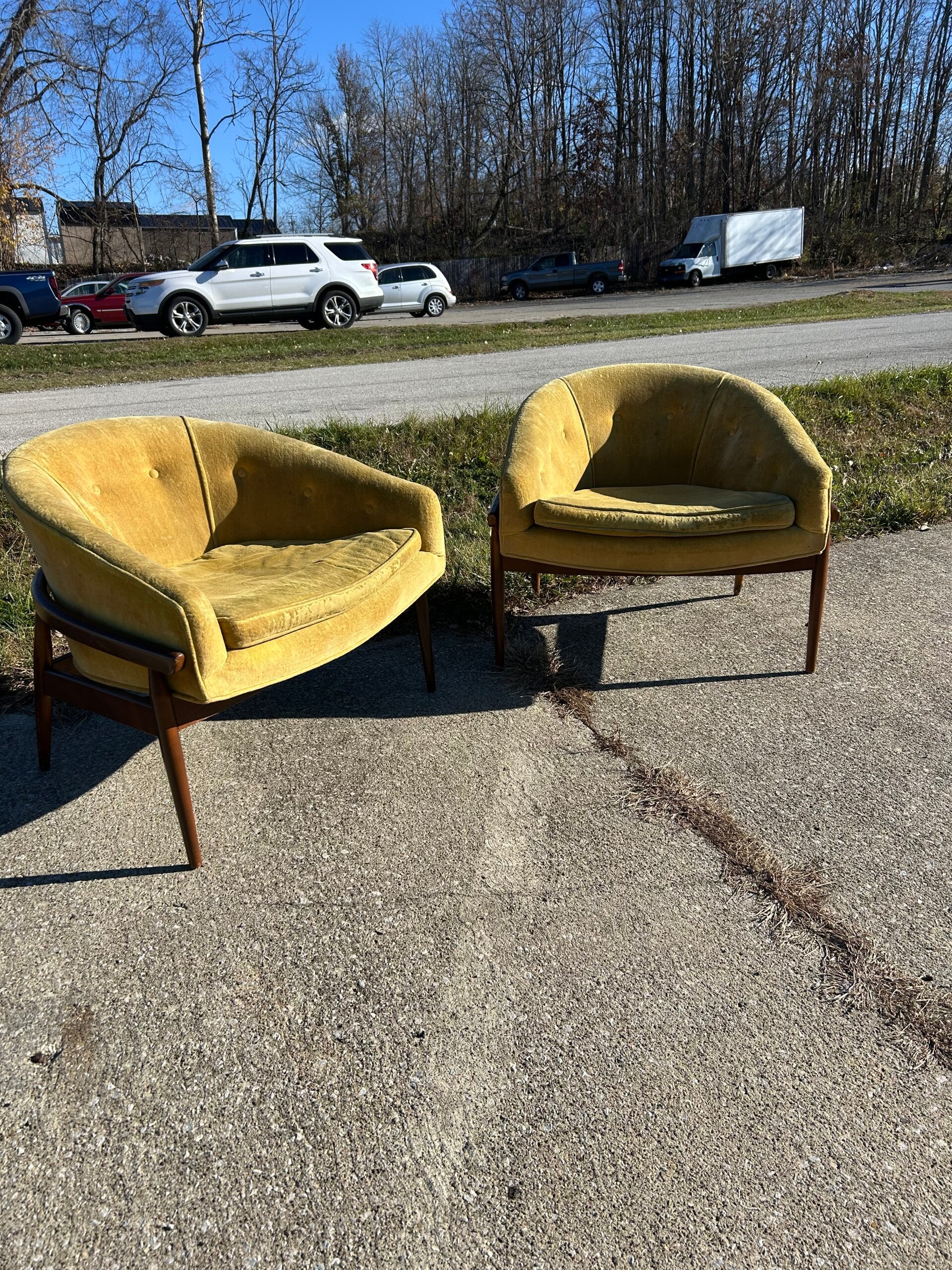 Mcm Milo Baughman Velvet and Walnut Accent Chair Pair
