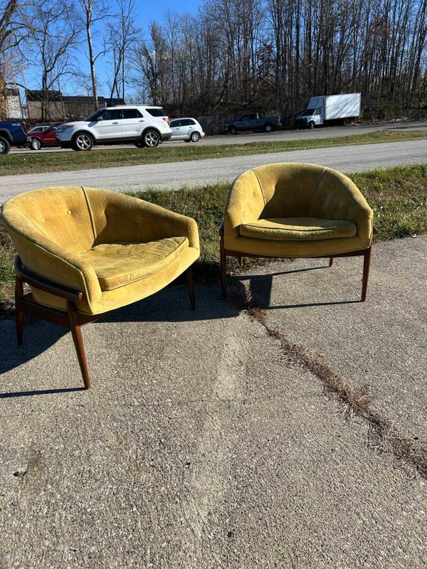 Mcm Milo Baughman Velvet and Walnut Accent Chair Pair