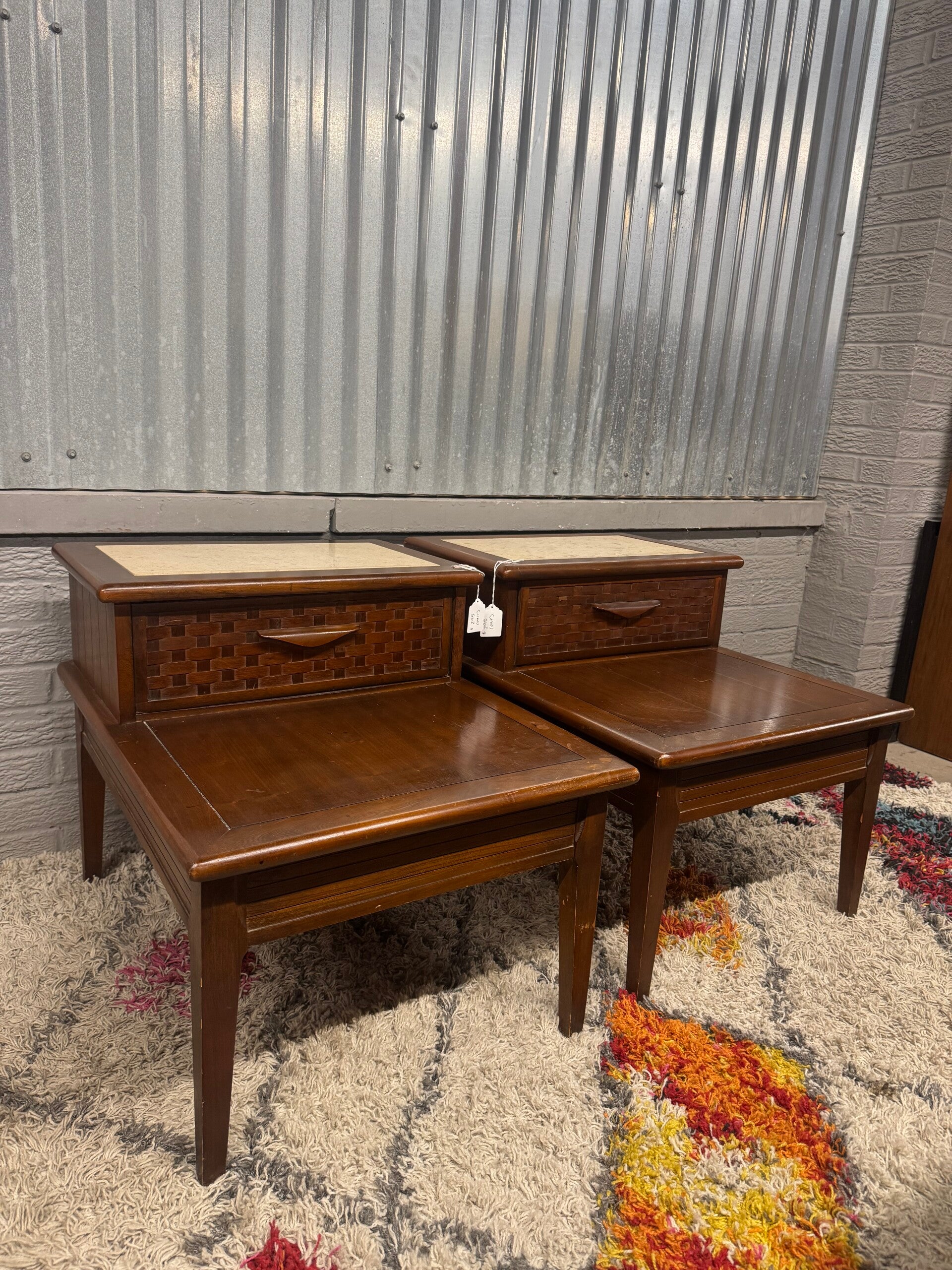 Mcm two step end table pair with marble inserts