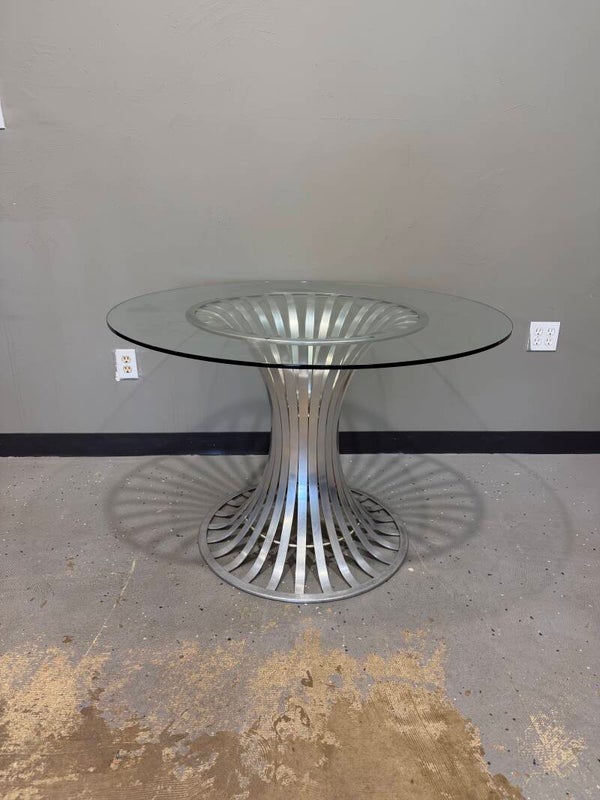 Herbert Saiger for Woodard round aluminum dining table with glass top