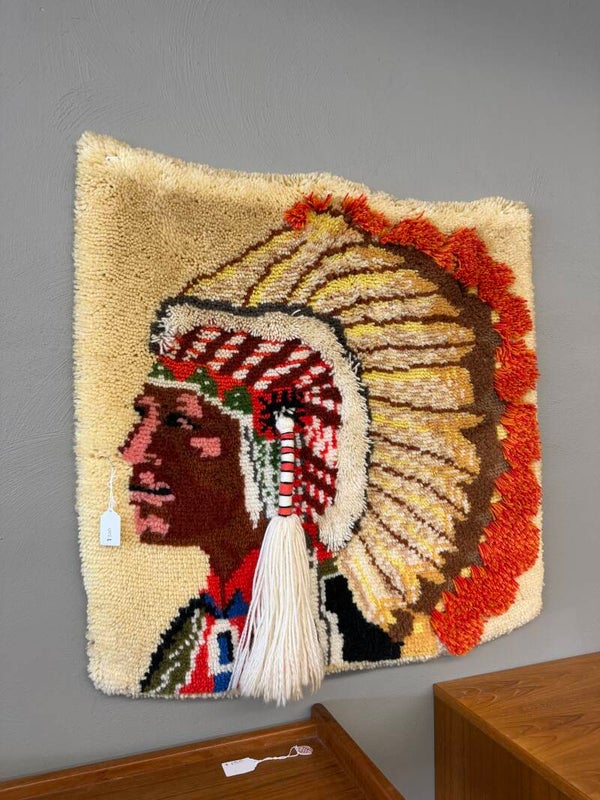 1970s Native American chief war bonnet headdress latch hook wall hanging rug