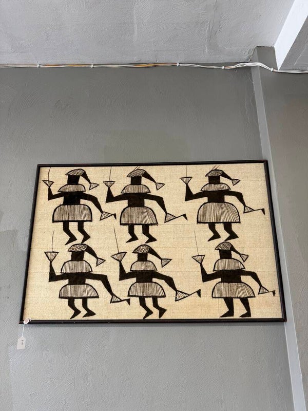 Senufo Korhogo tapestry from the Ivory Coast, featuring hand-painted figures on hand-woven cotton fabric