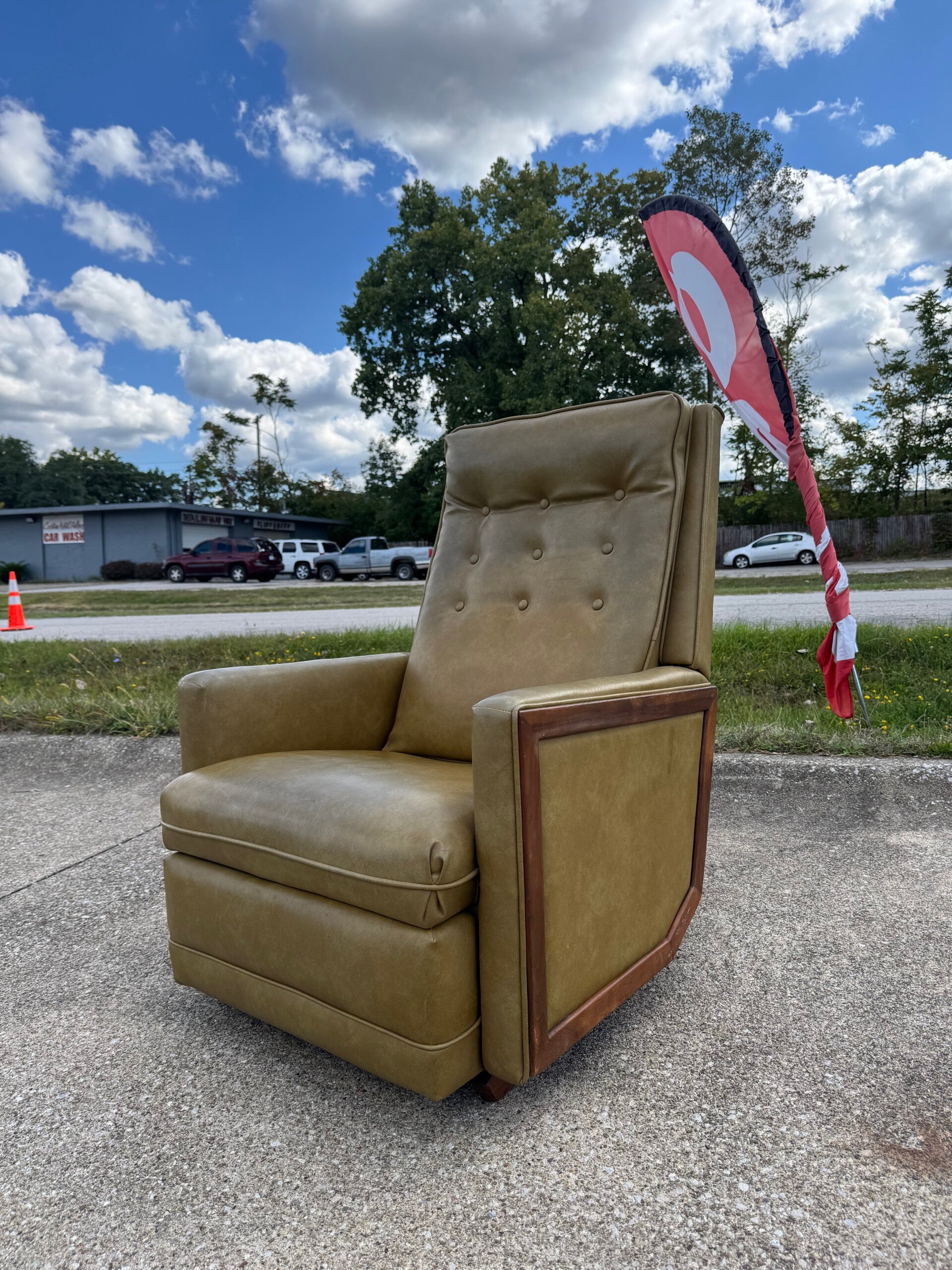 Mcm Green Recliner with walnut accents
