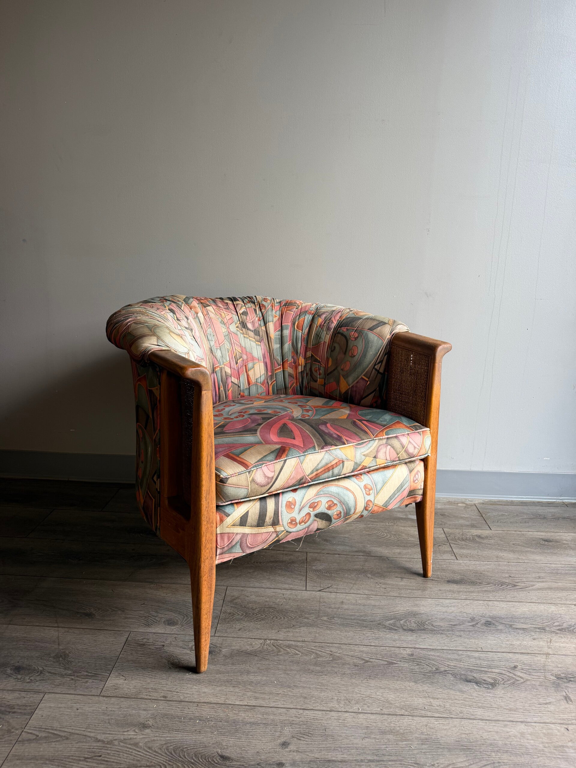 Mcm upholstered accent chair pair with cane detailing