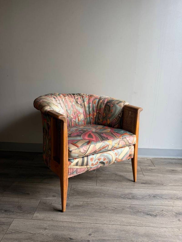 Mcm upholstered accent chair pair with cane detailing