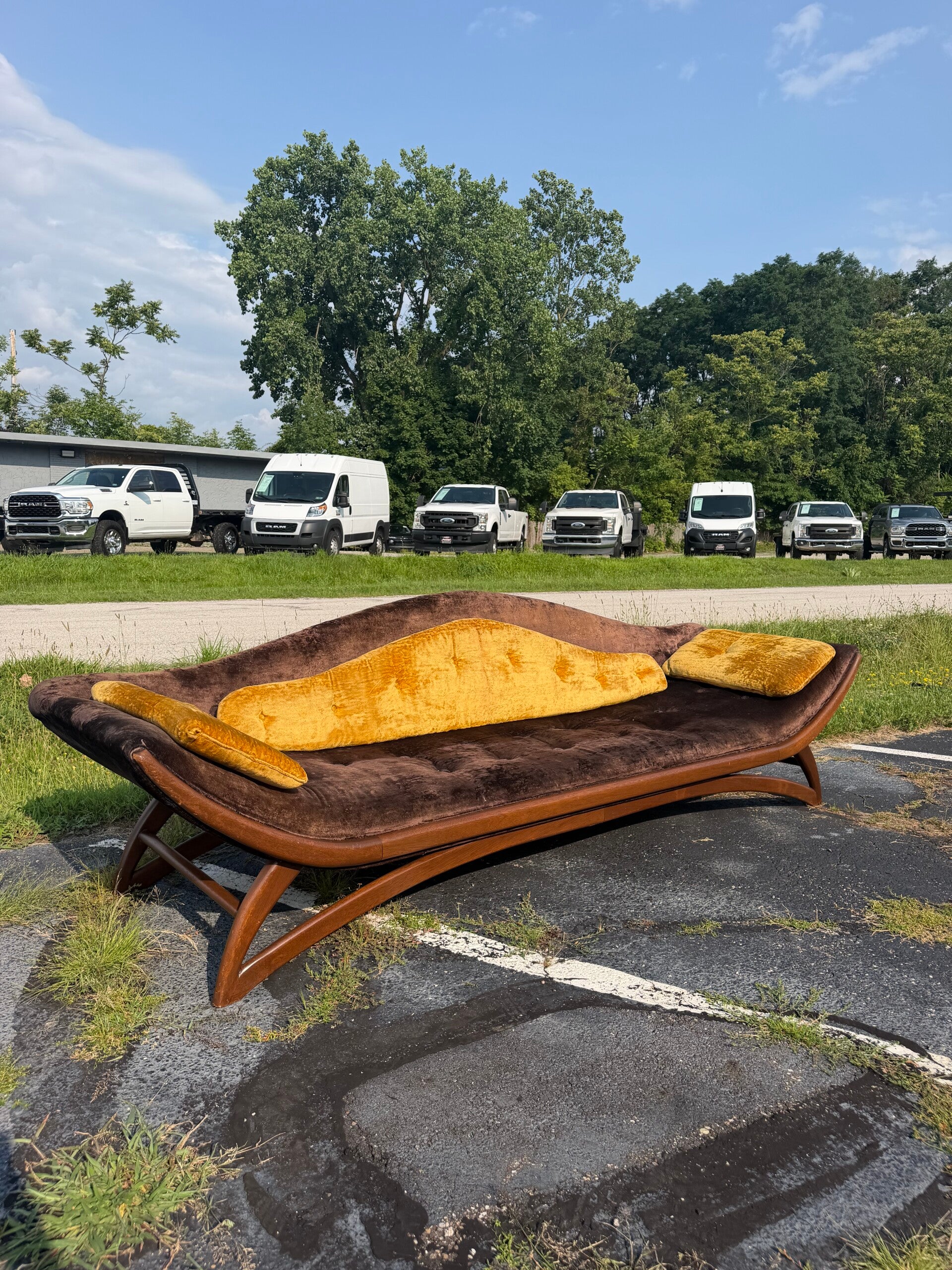 Mcm brown and yellow Adrian Pearsall Walnut Gondola Sofa