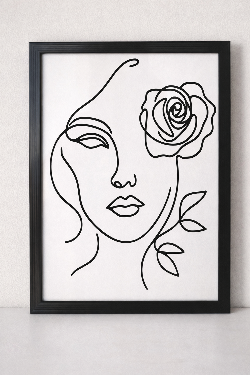 Cadre décoratif minimaliste visage & rose – Vinyle permanent (cadre inclus)