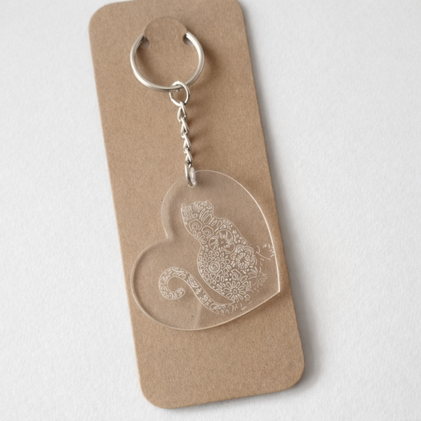 Porte-clés Chat floral gravé en acrylique – Cadeau original