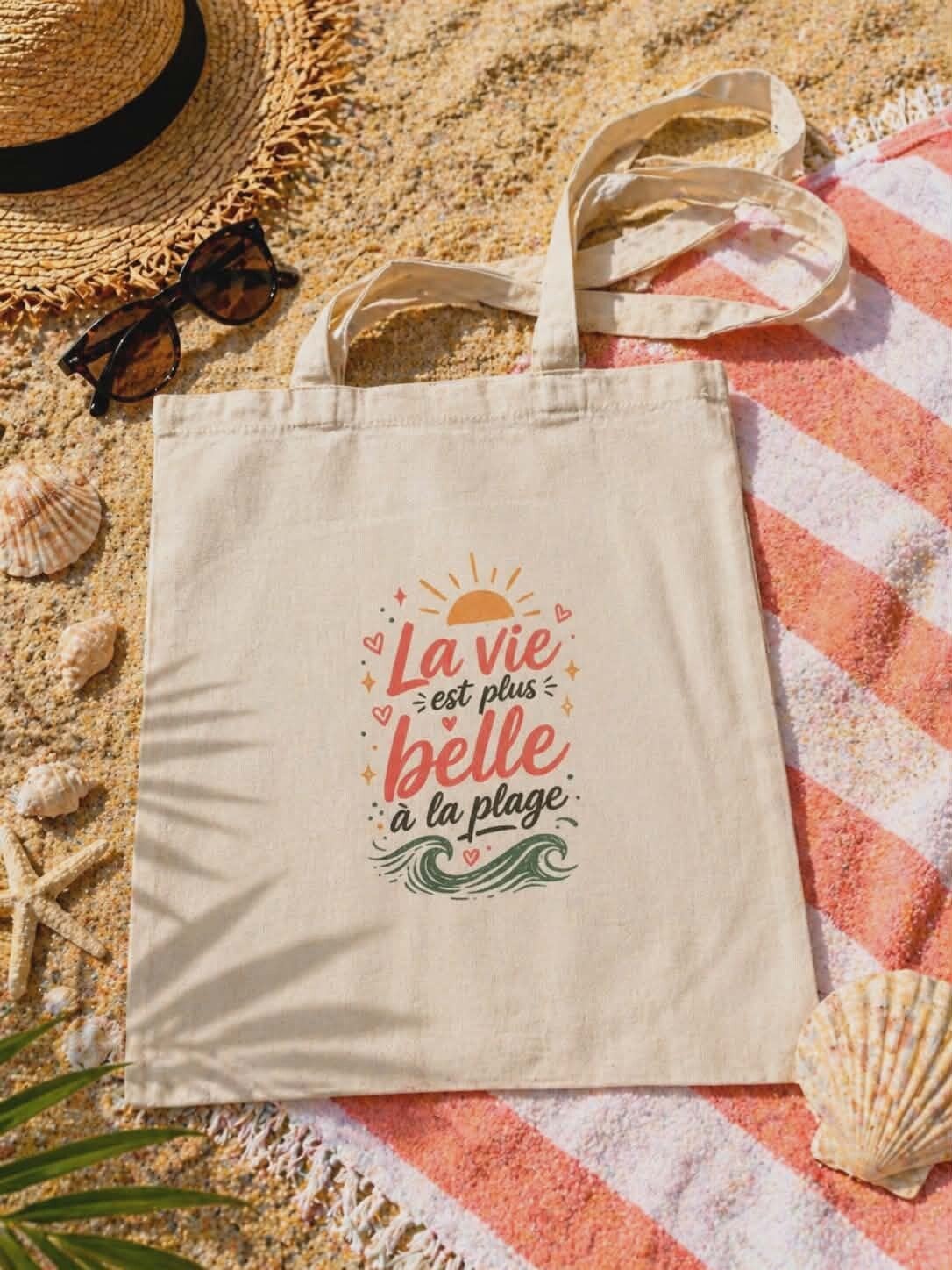 Tote bag plage "La vie est plus belle à la plage"