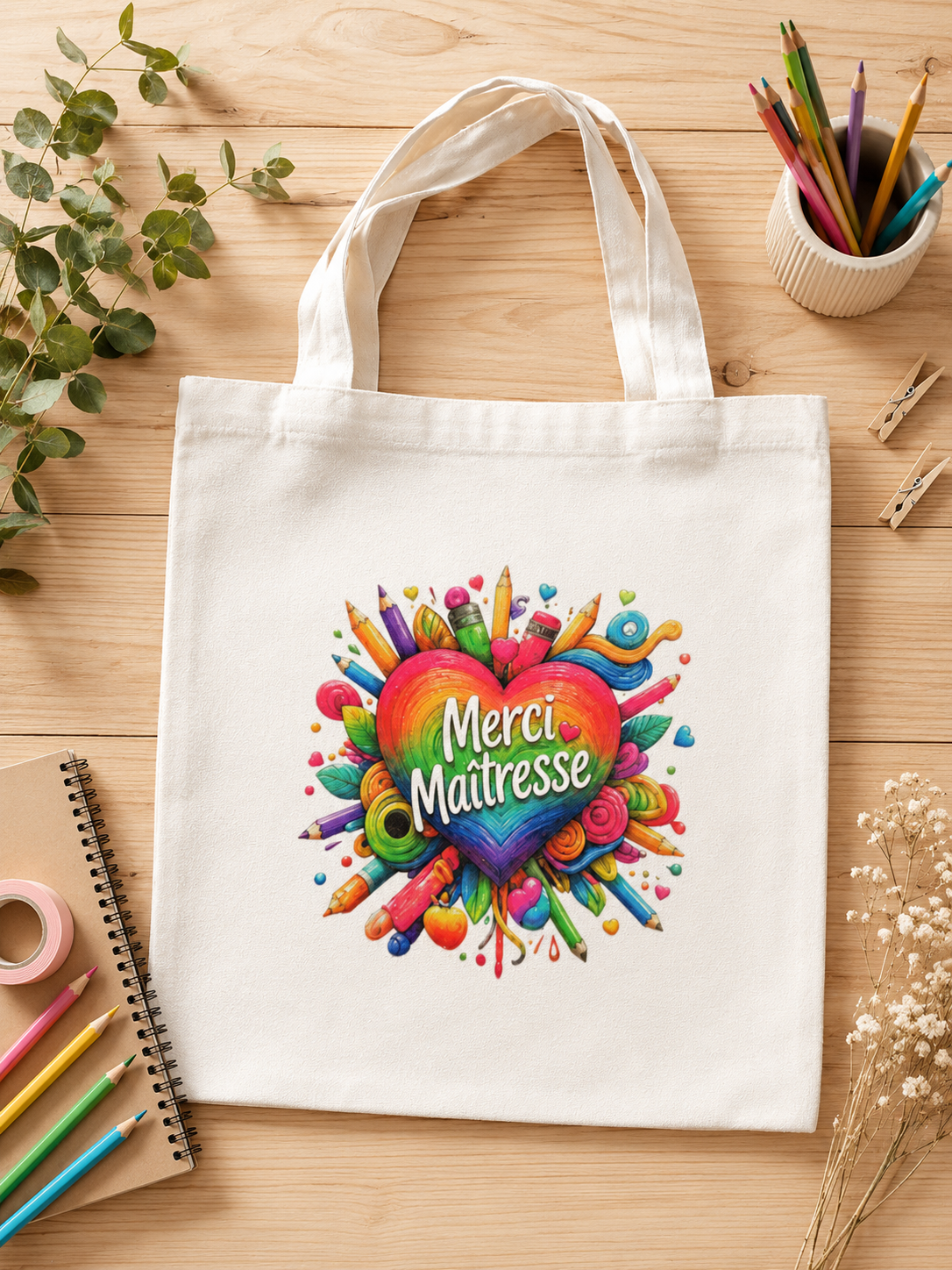 Tote Bag Cœur Fleuri Merci Maîtresse