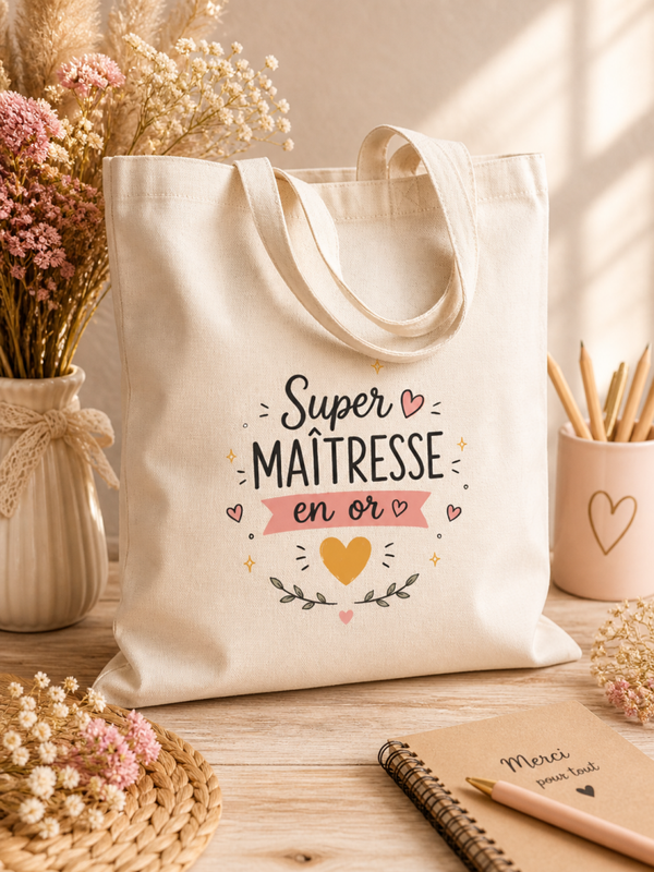 Tote Bag “Super Maîtresse en Or” – Cadeau fin d’année scolaire
