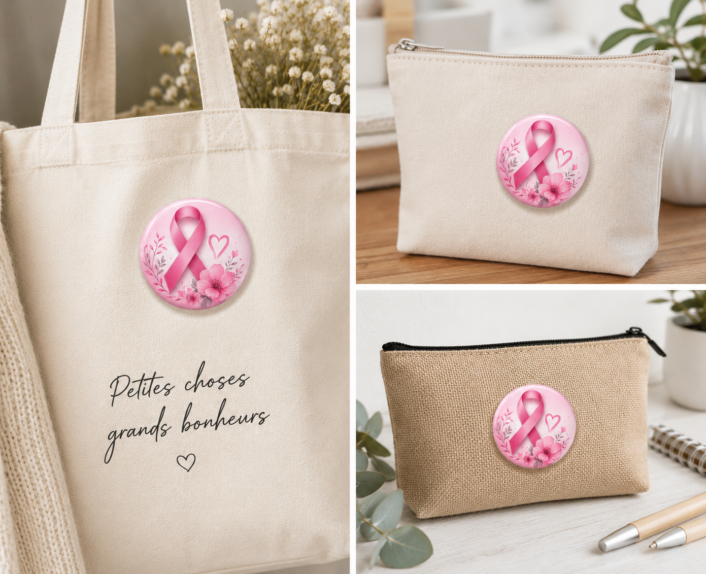 Badge de soutien Octobre Rose – Ruban rose fleuri (32 mm ou 58 mm)