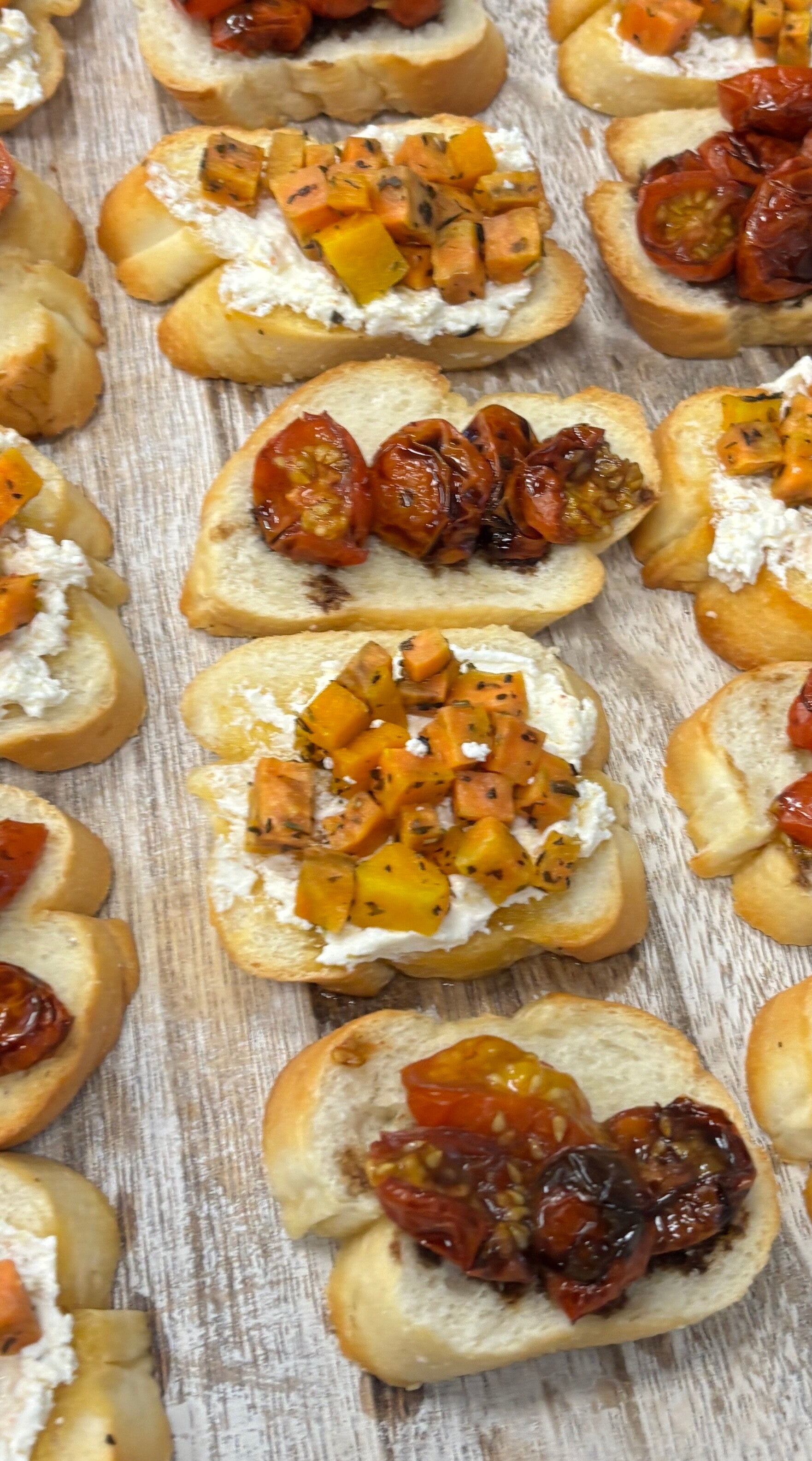 balsamic tomato crostini, pumpkin & Buffalo cheese crostini