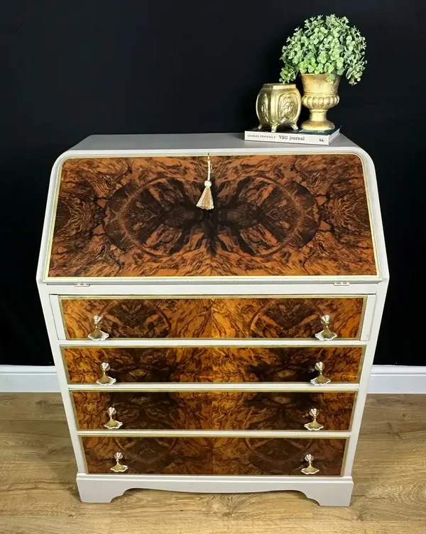 Bureau Desk Vintage, Cream, Beige, Solid Wood and Gold Handles Stunning Office Gold Stencilling