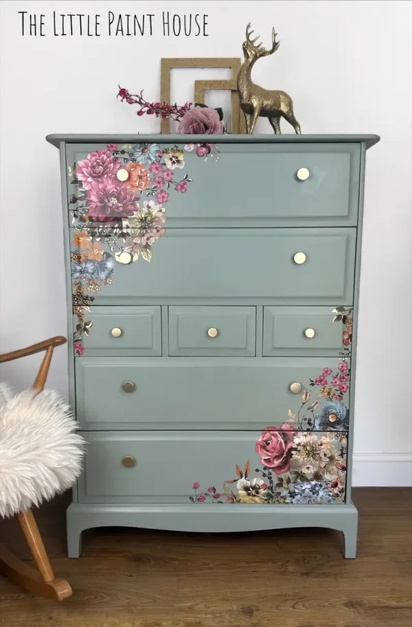 Stag Mid Century Tallboy 7 Chest of Drawers Sage Green Gold Brassware Floral Transfer
