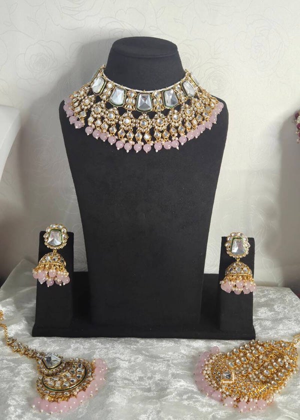 Kundan Anjini set - Baby Pink