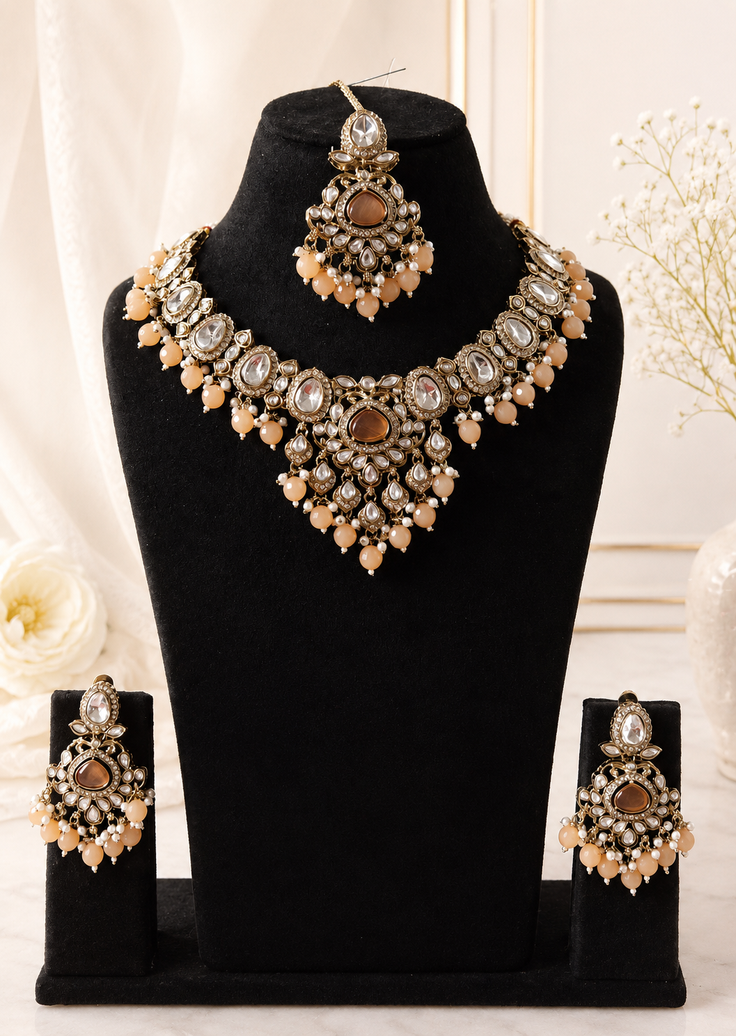 Kundan Brass Stone - Coral Pink
