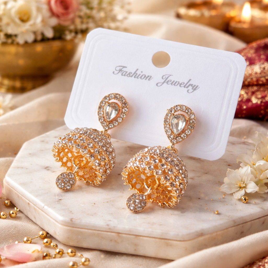 Mini jhumki - Gold white stone