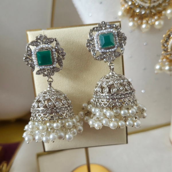 Noratan Jhumki - Green Silver D2