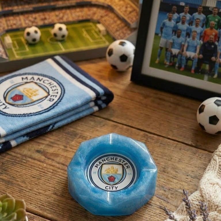 Manchester City Fan Inspired Resin Ashtray – Handmade Football Supporter Gift – Blue Football Home Décor Accessory