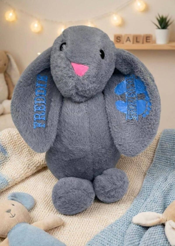 Personalised Grey Bunny Teddy | Custom Name, Date of Birth Keepsake Toy