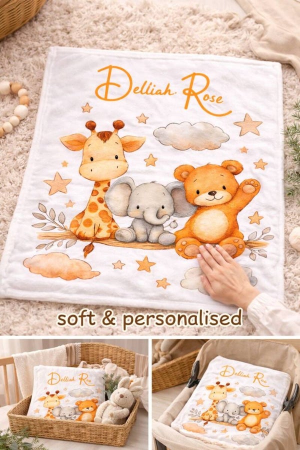 Personalised Baby Blanket – Custom Name Safari Animal Blanket – Soft Baby Nursery Throw – Giraffe Elephant Teddy Bear Blanket – New Baby Gift