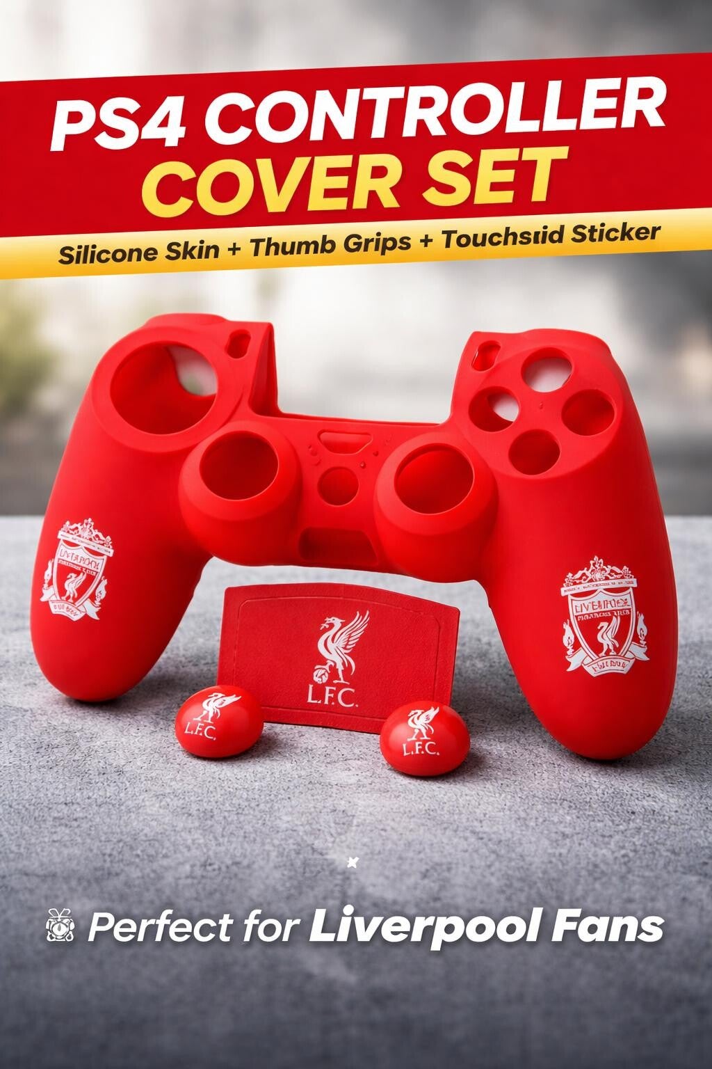 Liverpool FC PS4 Controller Cover Set | PlayStation 4 Silicone Skin + Touchpad Sticker + 2 Thumb Grips |  | Football Fan Gift