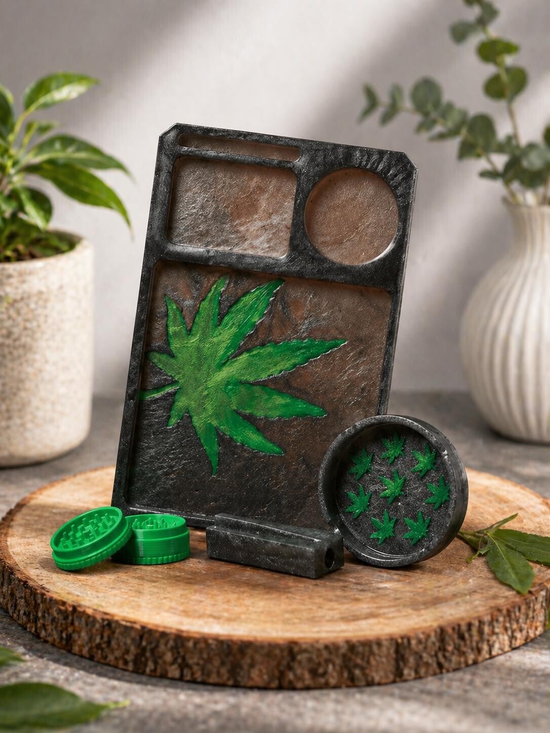 Handmade Resin Rolling Tray Set with Leaf Design | Cannabis Accessory Tray | Includes 3D-Printed Grinder