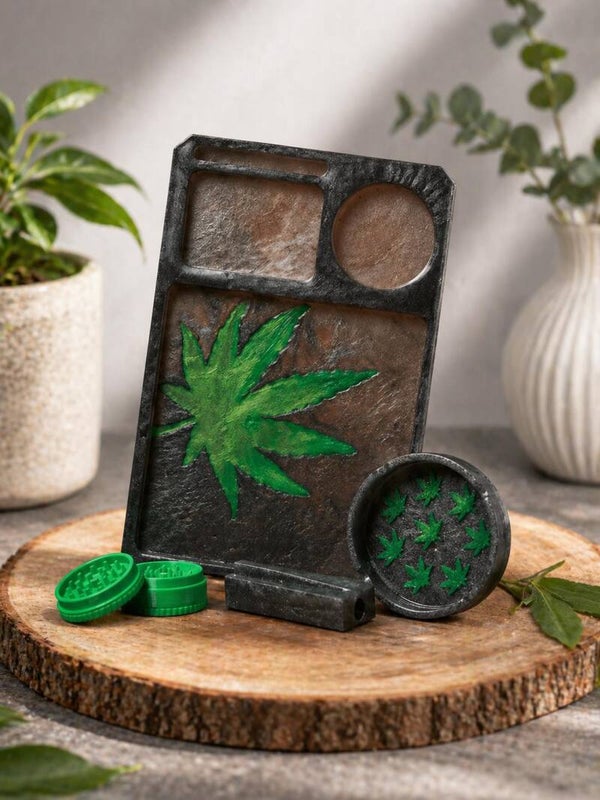 Handmade Resin Rolling Tray Set with Leaf Design | Cannabis Accessory Tray | Includes 3D-Printed Grinder