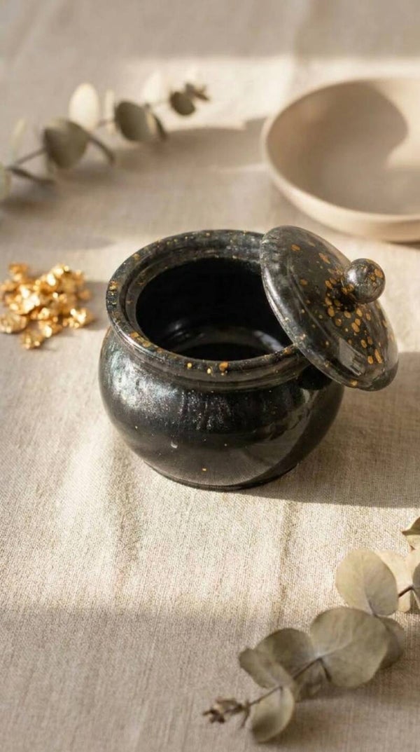 Black Gold Resin Trinket Bowl with Lid | Handmade Decorative Storage Dish